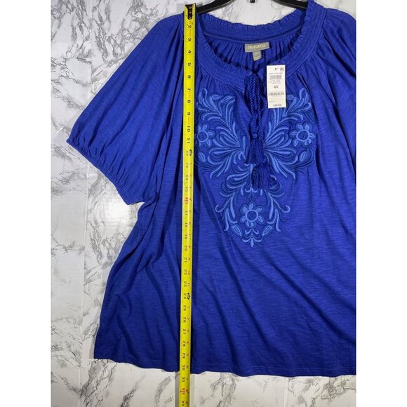 Style &Co Womens Size 4X Boho Chic  Blue Embroidered Peasant Blouse Top w Tassle - Picture 6 of 9
